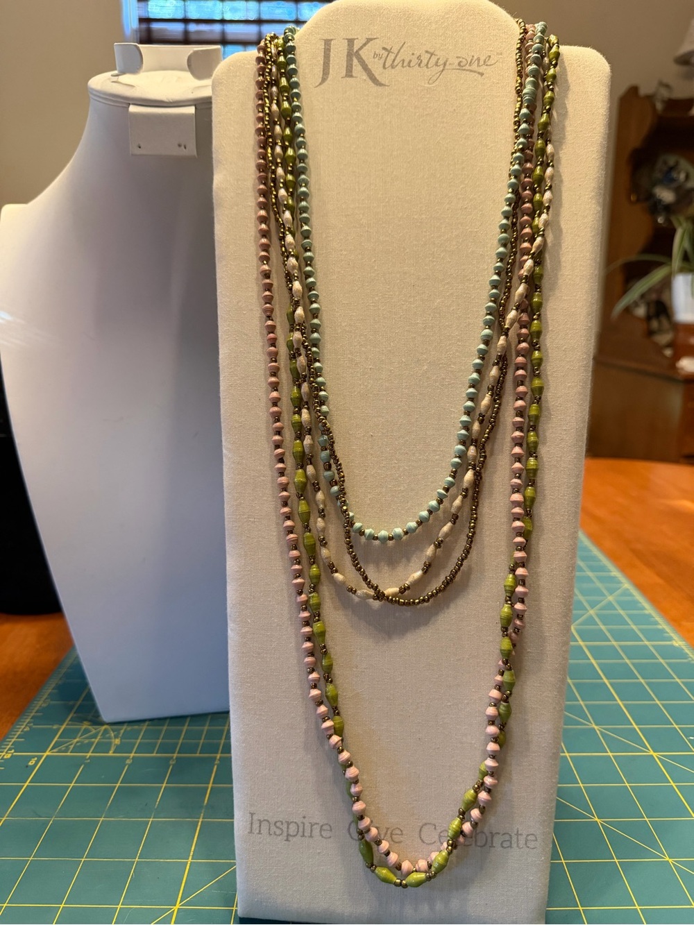 Paper Bead Multi Strand Necklace Blue,Pink, Green,WhiteSparkle Antique Gold Bead